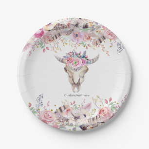 Assiettes En Carton Fleurs & Crâne de Vache Glam Country Rustique Fête