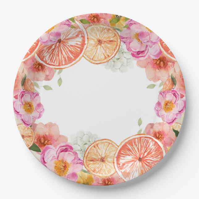 Assiettes En Carton Fleurs d'agrumes roses (Devant)