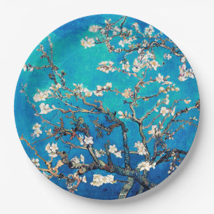 Assiettes En Carton Fleurs d'amandier de Van Gogh turquoise vif