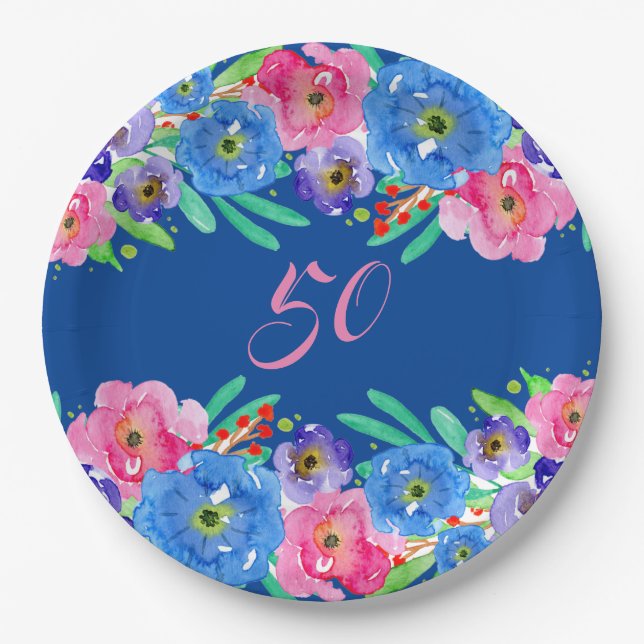Assiettes En Carton Fleurs d'aquarelle bleue Joyeux 50e anniversaire (Devant)