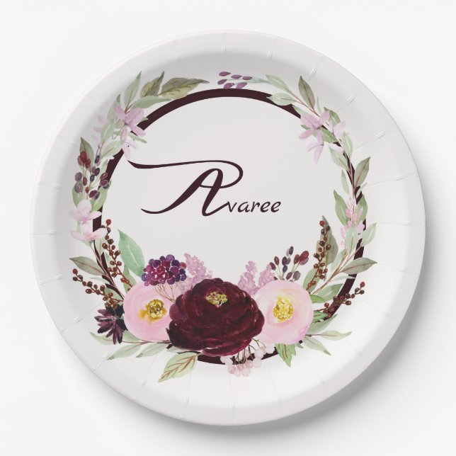 Assiettes En Carton Fleurs d'aquarelle bordeaux et roses (Devant)