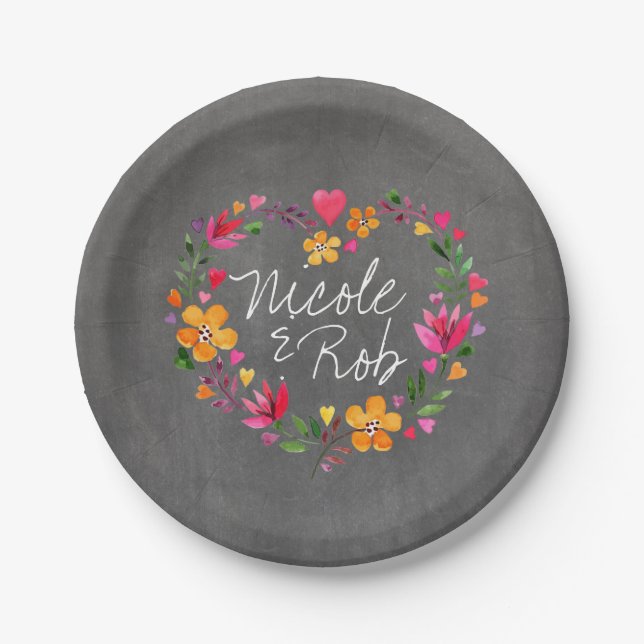 Assiettes En Carton Fleurs d'aquarelle couronne de coeur | gris tablea (Devant)