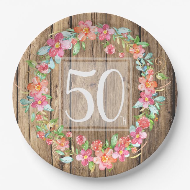 Assiettes En Carton Fleurs d'aquarelle en bois rustique de 50 ans (Devant)
