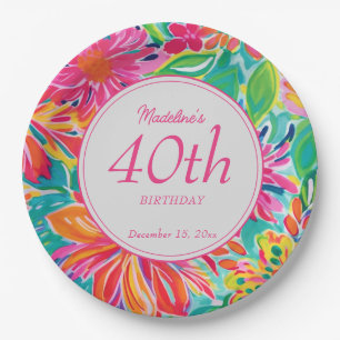 Assiettes En Carton Fleurs d'aquarelle rose chaud 40e anniversaire