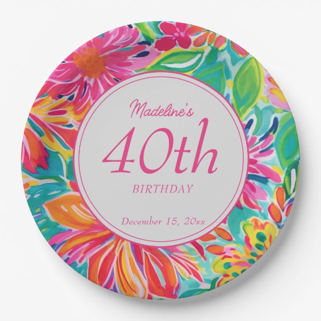 Assiettes En Carton Fleurs d'aquarelle rose chaud 40e anniversaire (Devant)