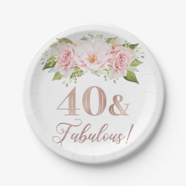 Assiettes En Carton Fleurs d'aquarelle rose pâle 40e anniversaire (Devant)