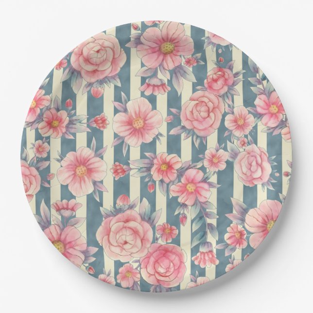 Assiettes En Carton Fleurs d'aquarelle rose sur bandes (Devant)