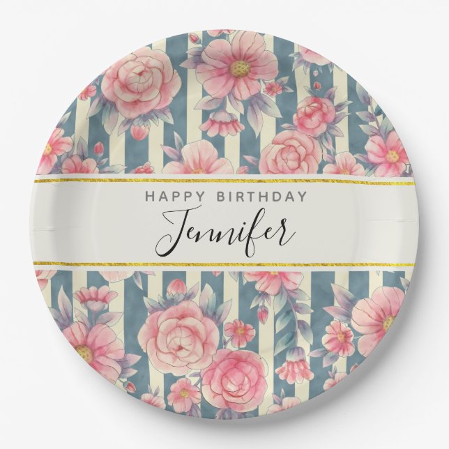 Assiettes En Carton Fleurs d'aquarelle rose sur rayures Anniversaire (Devant)