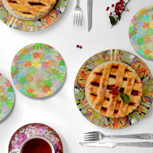 Assiettes En Carton Fleurs d'Aster & Cone & aquarelle tropicale feuill