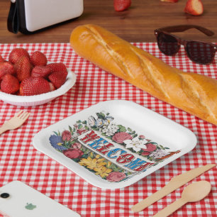 Assiettes En Carton Fleurs de BIENVENUE Vintage Fête de crémaillère 