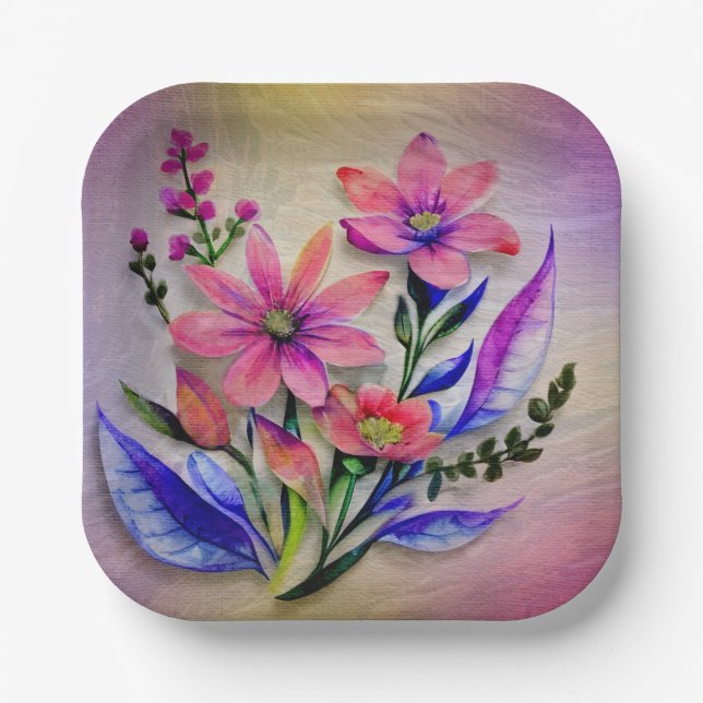 Assiettes En Carton Fleurs de bouquet à l'aquarelle, fond coloré    (Recto)