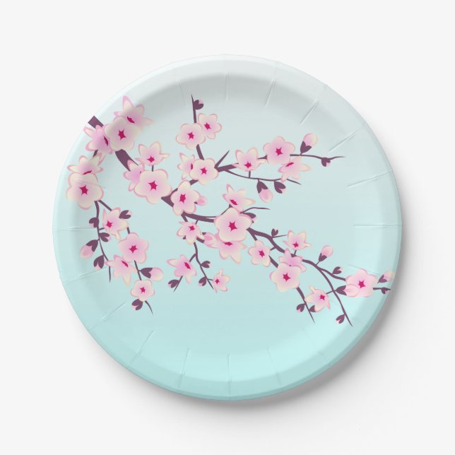 Assiettes En Carton Fleurs de cerisier rose Turquoise mignonne Floral (Devant)