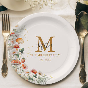 Assiettes En Carton Fleurs de champignons de forêt Monogramme botaniqu