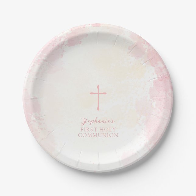 Assiettes En Carton Fleurs de communion Aquarelles roses (Devant)