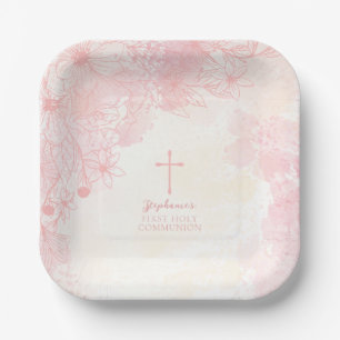 Assiettes En Carton Fleurs de communion Aquarelles roses