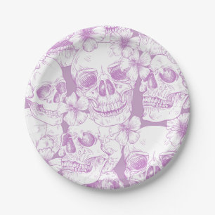 Assiettes En Carton fleurs de crâne violet pastel squelette