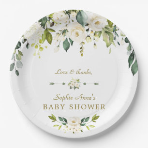 Assiettes En Carton Fleurs de crème blanche Baby shower d'or