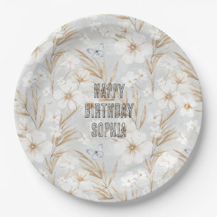 Assiettes En Carton Fleurs de crème blanche Papillons bleus Anniversai