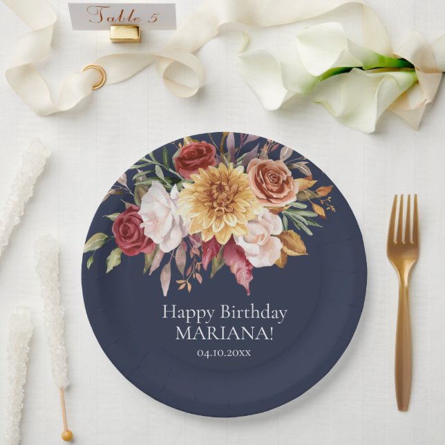 Assiettes En Carton Fleurs de feuillage d'automne Marine Blue Annivers (Mariage)