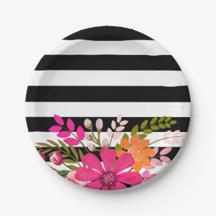 Assiettes En Carton Fleurs de Folklore rayées noir et blanc   fuchsia