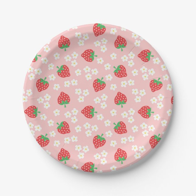 Assiettes En Carton Fleurs de fraises Motif rose (Devant)