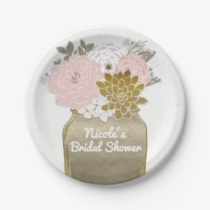 Assiettes En Carton Fleurs de jar Mason Floral rustique rose et or Chi