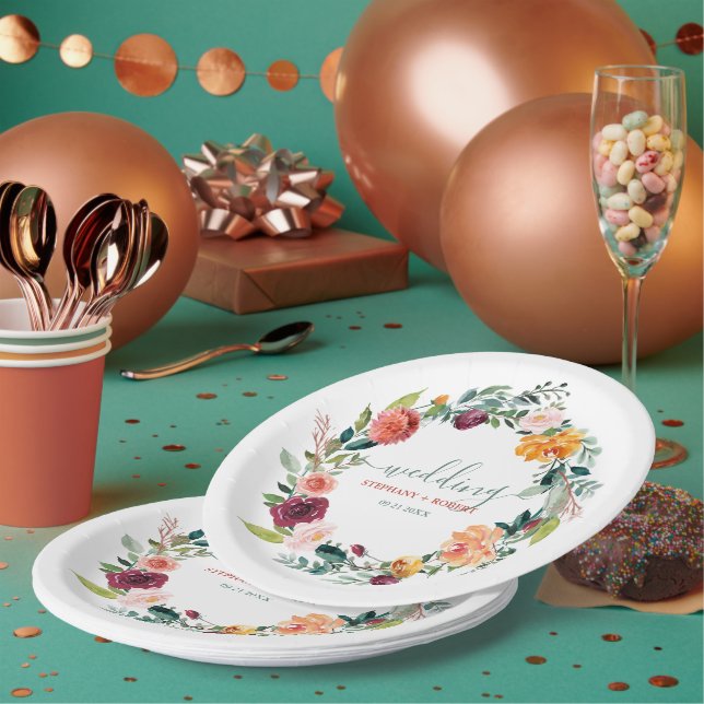 Assiettes En Carton Fleurs de jardin anglais Wreath Custom Wedding Tex (Multi)