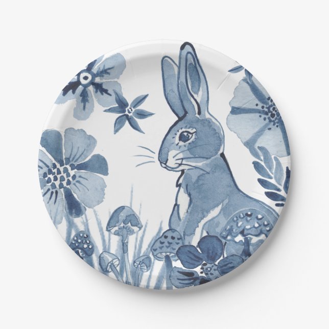 Assiettes En Carton Fleurs de lapin bleu et blanc Champignons Lapin de (Devant)