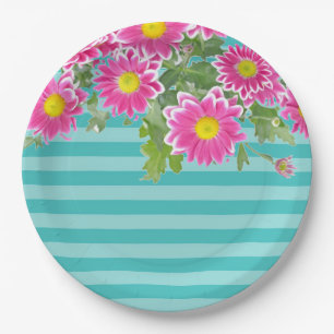 Assiettes En Carton Fleurs de marguerite rose fraîche sur bandes Turqu