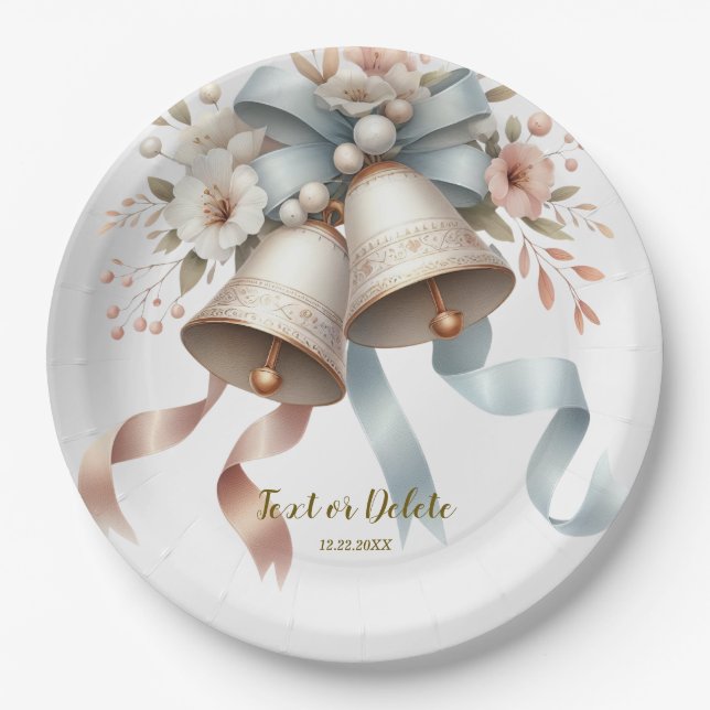 Assiettes En Carton Fleurs de mariage cloches Rubans bleu rose Beau (Devant)