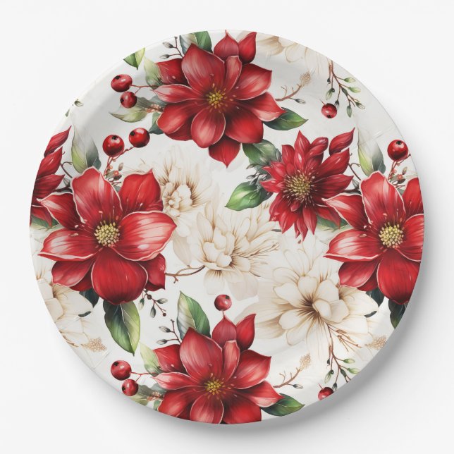 Assiettes En Carton Fleurs de Noël Poinsettia Motif vert rouge (Devant)