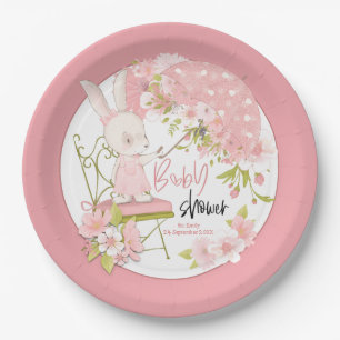 Assiettes En Carton Fleurs de parapluie lapin Nom Date Baby shower ros