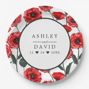 Assiettes En Carton Fleurs de pavot rouge mariage personnalisé floral