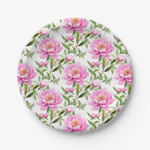 Assiettes En Carton Fleurs de pivoines roses avec Feuilles verts Sage