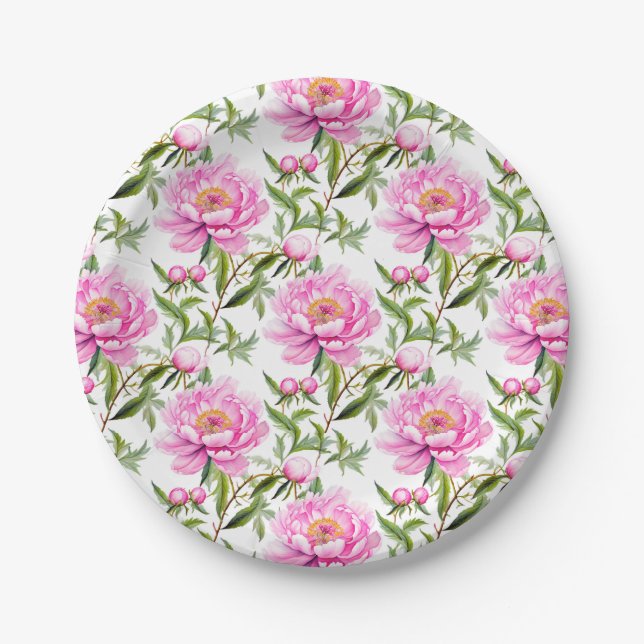 Assiettes En Carton Fleurs de pivoines roses avec Feuilles verts Sage (Devant)