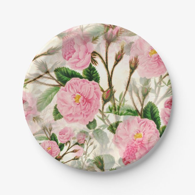 Assiettes En Carton Fleurs de pivoines roses, Feuilles & Buds Motif (Devant)
