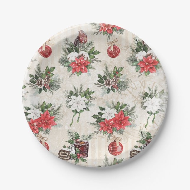 Assiettes En Carton Fleurs de poinsettie rouge et blanche de Noël clas (Devant)