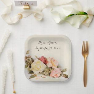 Assiettes En Carton Fleurs de rose de jardin antiques de mariage vinta