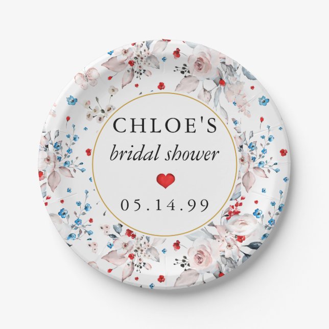 Assiettes En Carton Fleurs de rose rose Fleurs bleues Shower de mariag (Devant)