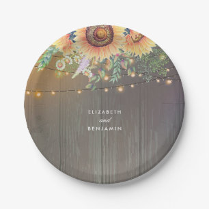Assiettes En Carton Fleurs de soleil et lumières à cordes rustique Cou