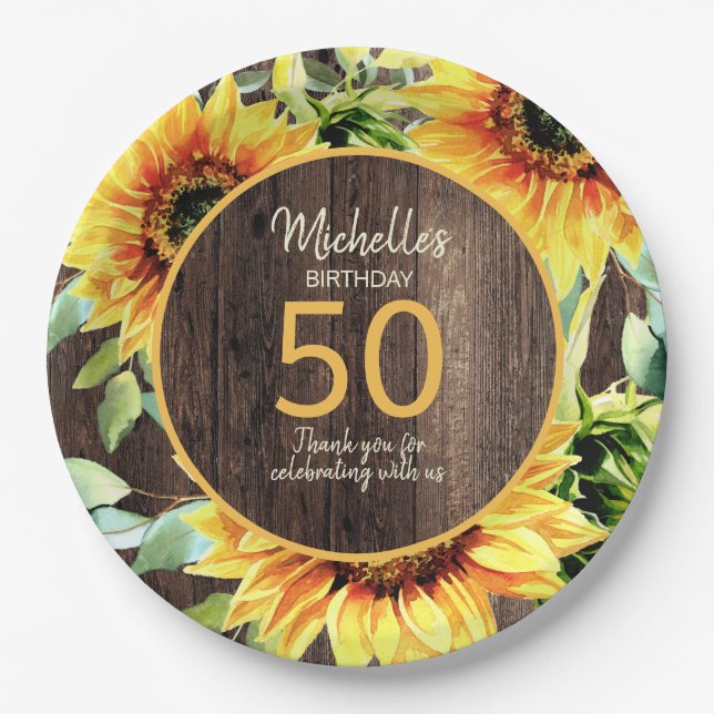 Assiettes En Carton Fleurs de soleil jaunes en bois rustique 50e anniv (Devant)