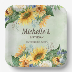 Assiettes En Carton Fleurs de soleil jaunes Eucalyptus vert Anniversai