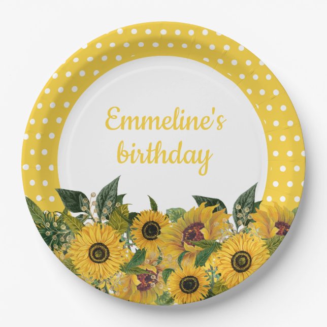 Assiettes En Carton Fleurs de soleil jaunes Pois blancs Fête d'anniver (Devant)