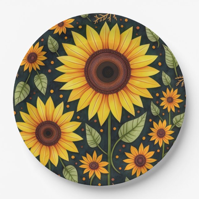Assiettes En Carton Fleurs de soleil jaunes sur le noir (Devant)
