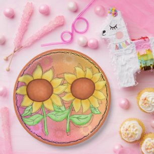 Assiettes En Carton Fleurs de soleil jaunes texturées vert rose floral