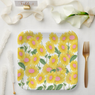Assiettes En Carton Fleurs de soleil rose Vintage rustique Blanc moder