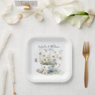 Assiettes En Carton Fleurs denim bleu défraîchi et marron personnalisé