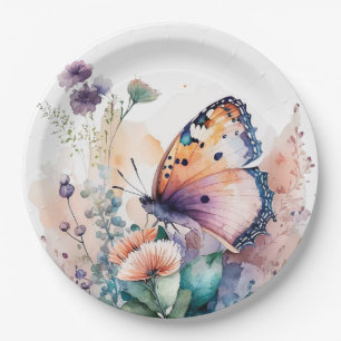 Assiettes En Carton Fleurs d'été romantiques et papillon