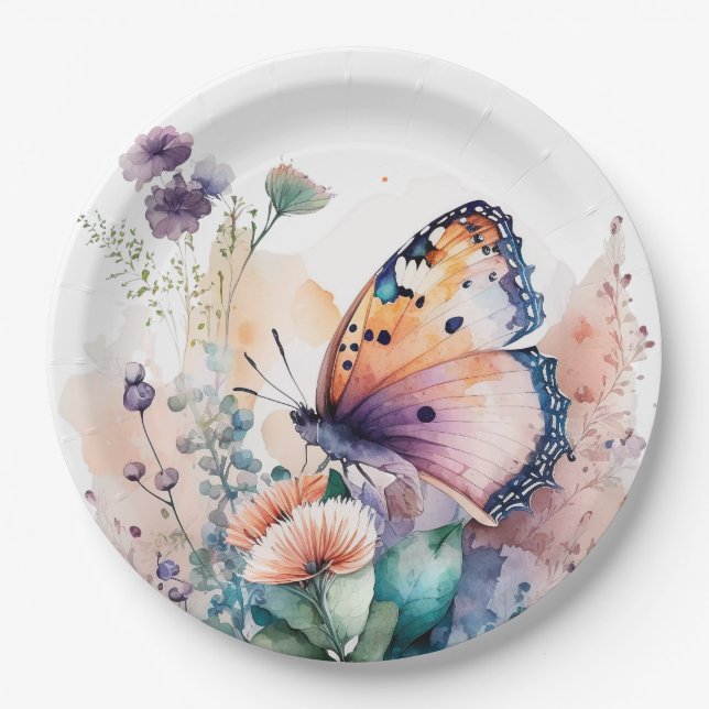 Assiettes En Carton Fleurs d'été romantiques et papillon (Devant)