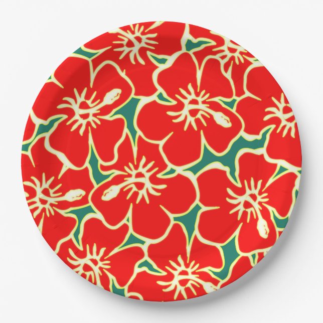Assiettes En Carton Fleurs d'hibiscus rouges Luau hawaïen tropical (Devant)